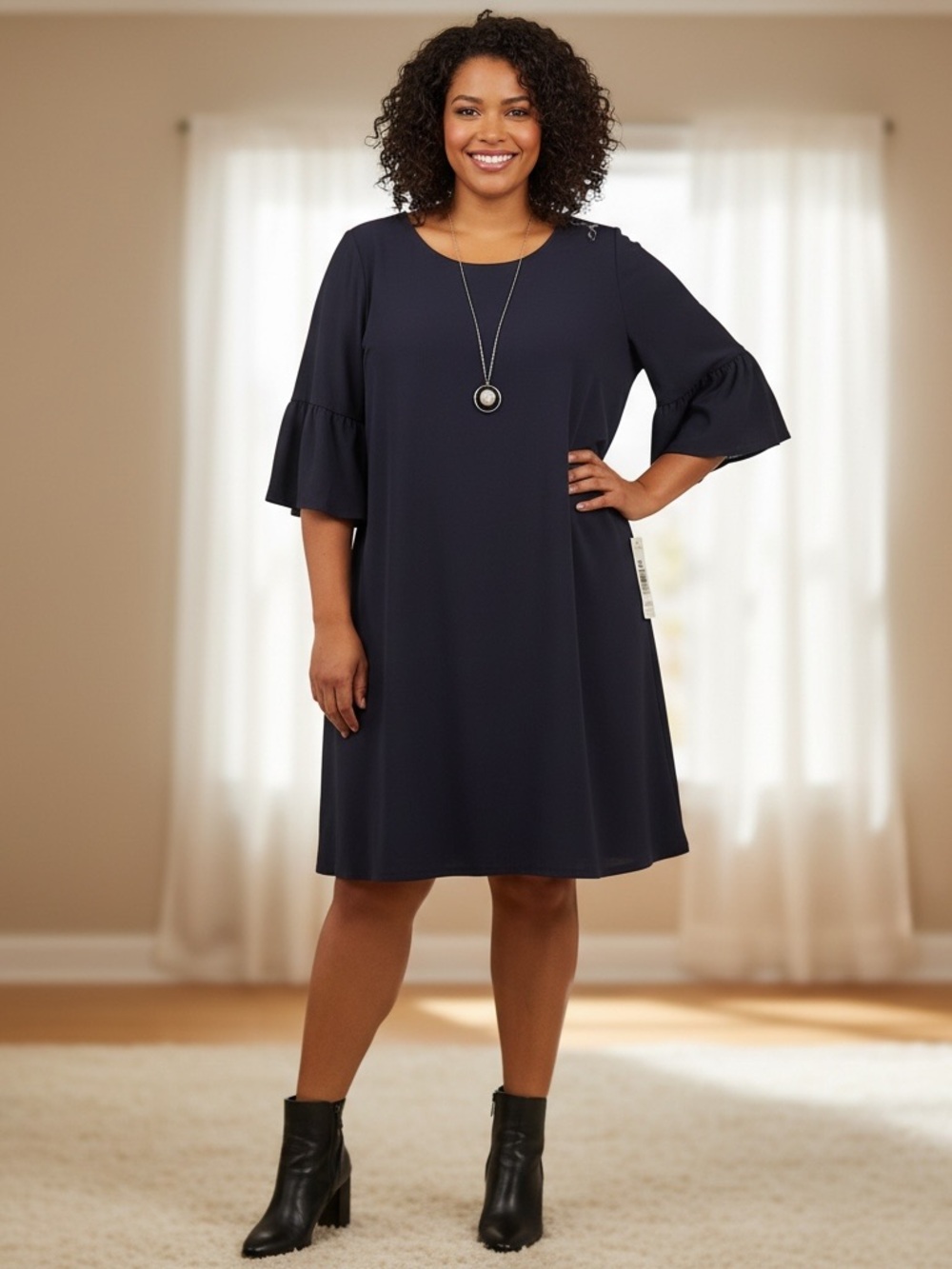 Tiana B. Navy Ruffle-Sleeve Midi Shift Dress NWT